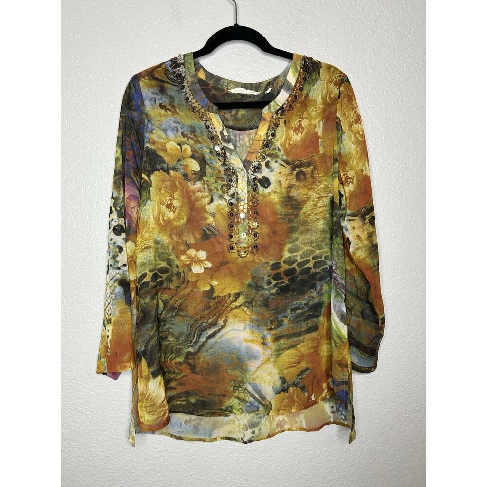 Soft Surroundings Womens Tunic Sequins Beads Lightweight Medium Blouse
